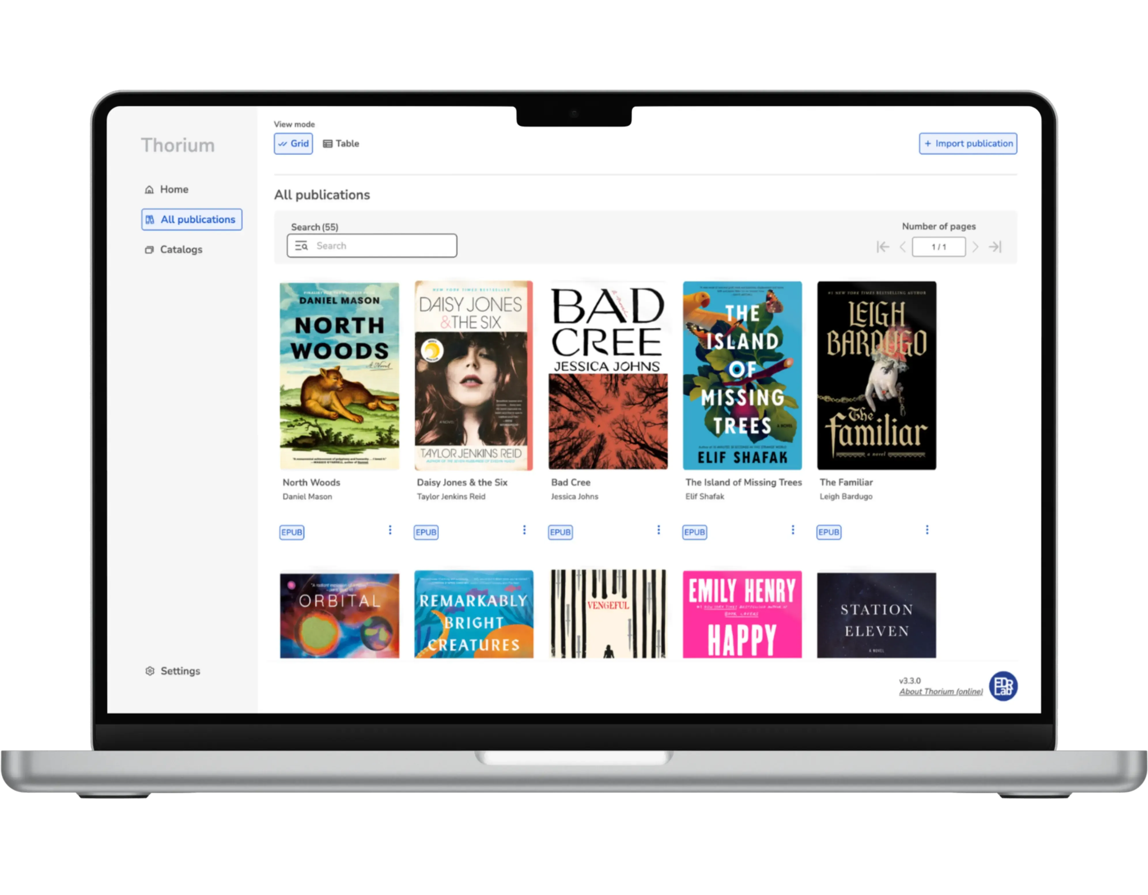 A laptop displaying Thorium Reader Desktop. The library shows all publications as a grid; you can search it and import a new publication. Each book displays its cover with the title and author name below, followed by the format and options.