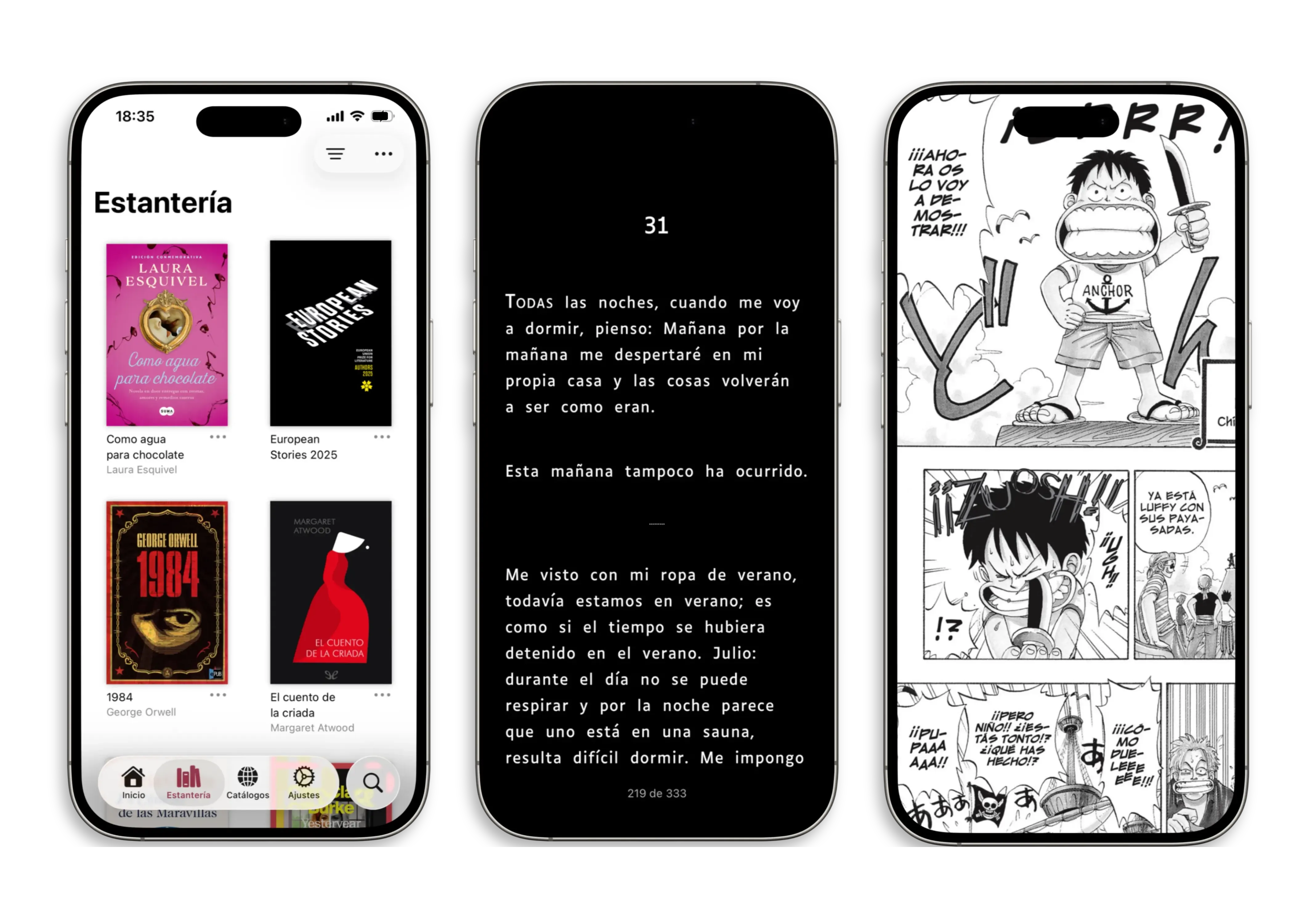 Tres teléfonos colocados uno junto al otro. El primero muestra la estantería de la aplicación móvil, el segundo una novela con tema oscuro, el tercero un manga en pantalla completa.