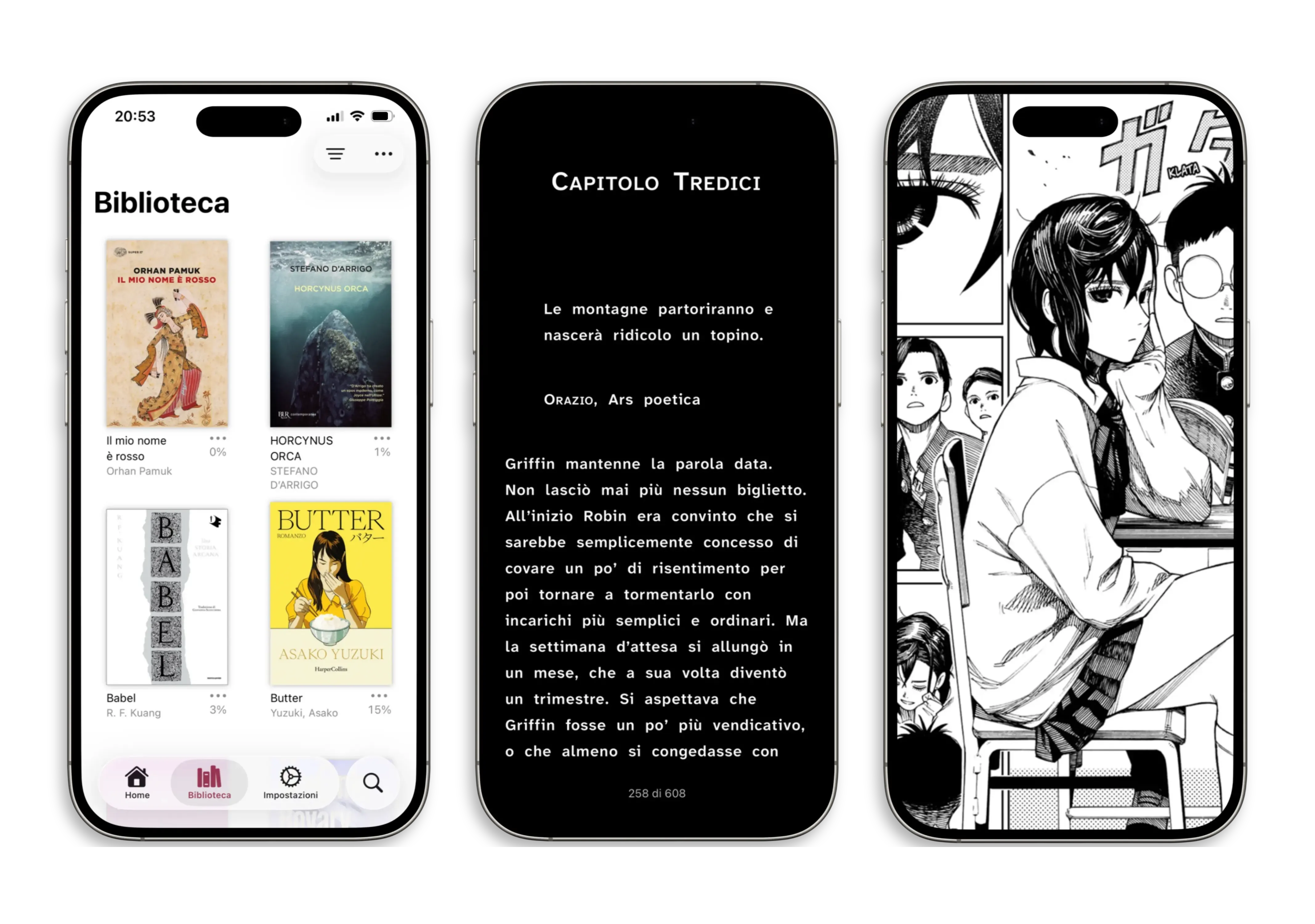Tre telefoni disposti uno accanto all'altro. Il primo mostra lo scaffale dell'app mobile, il secondo un romanzo con lo sfondo in modalità scura, il terzo un manga a schermo intero.