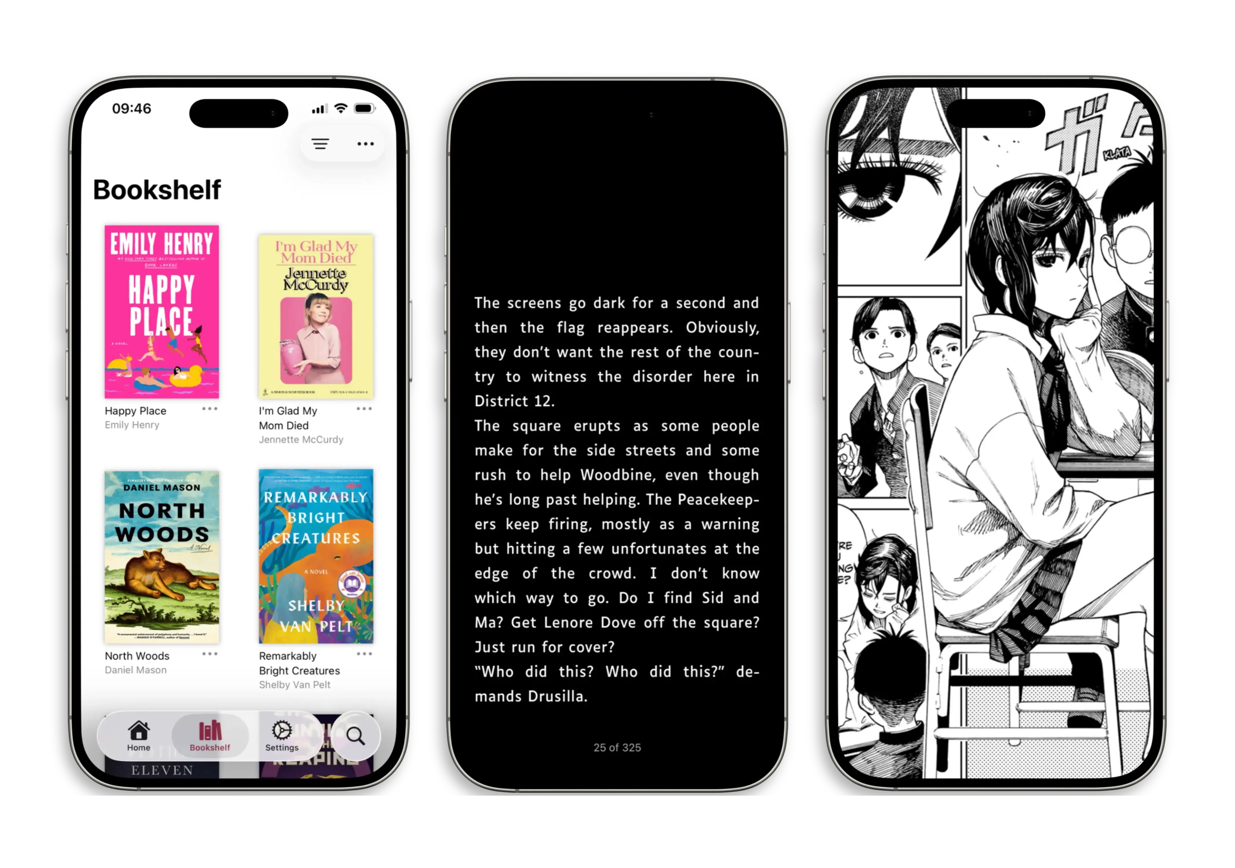 Three phones laid out next to one another. The first one displays the bookshelf of the mobile app, the second one a novel with a dark theme, the third one a manga in full-screen.