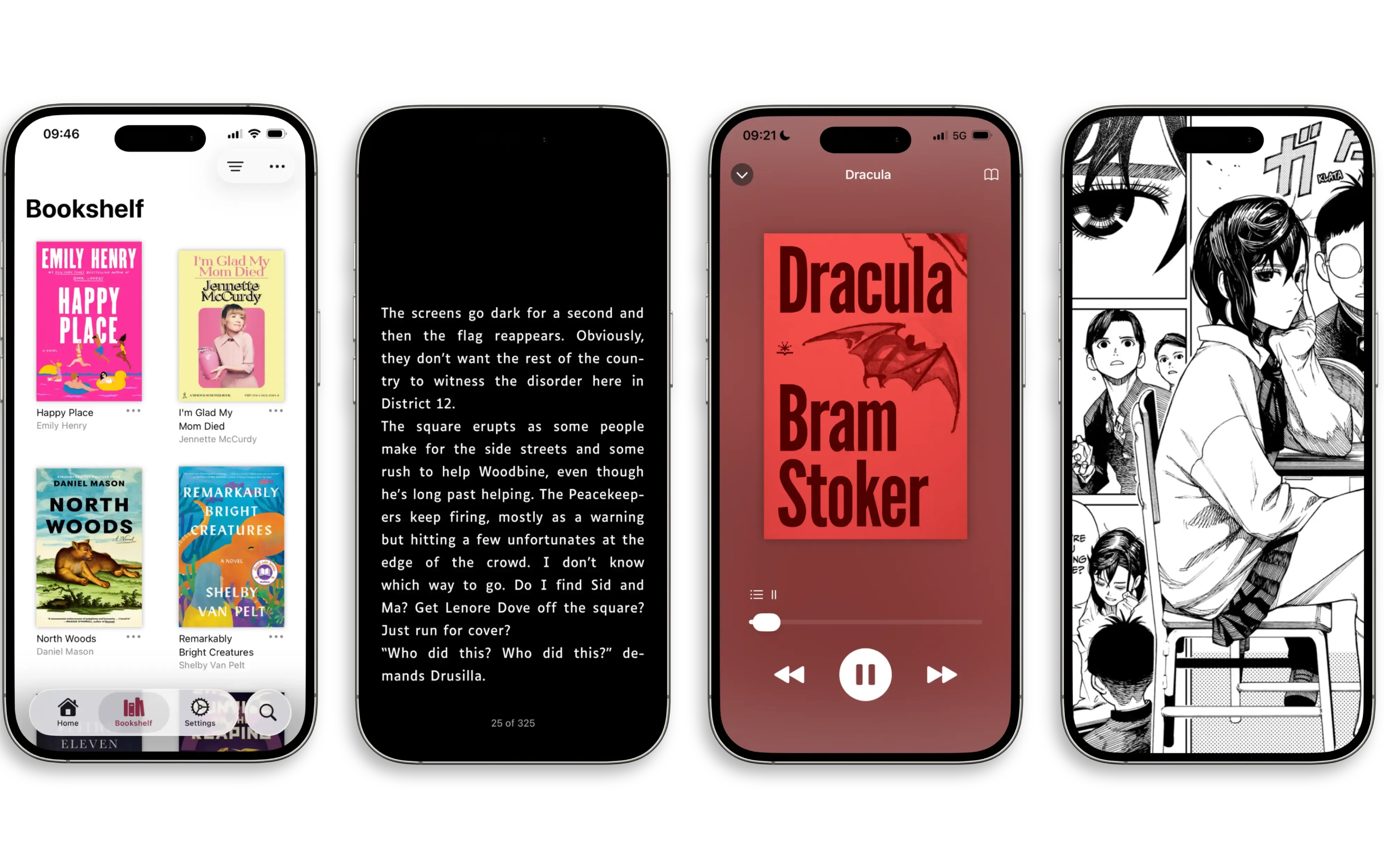 Four phones laid out next to one another. The first one displays the bookshelf of the mobile app, the second one a novel with a dark theme, the third one an audiobook with its playback UI, the fourth one a manga in full-screen.