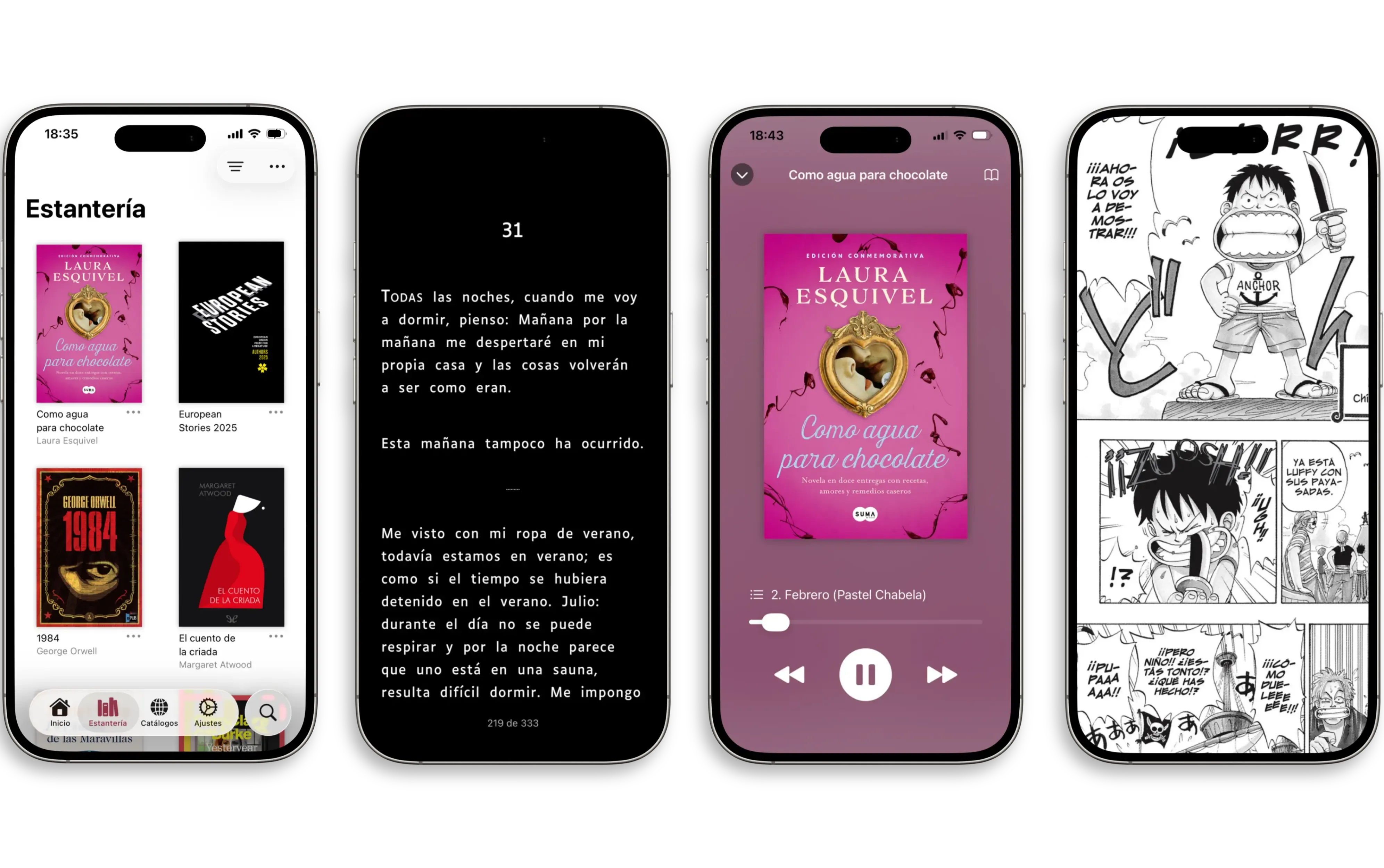 Cuatro teléfonos colocados uno junto al otro. El primero muestra la estantería de la aplicación móvil, el segundo una novela con tema oscuro, el tercero un audiolibro con su interfaz de reproducción, el cuarto un manga en pantalla completa.