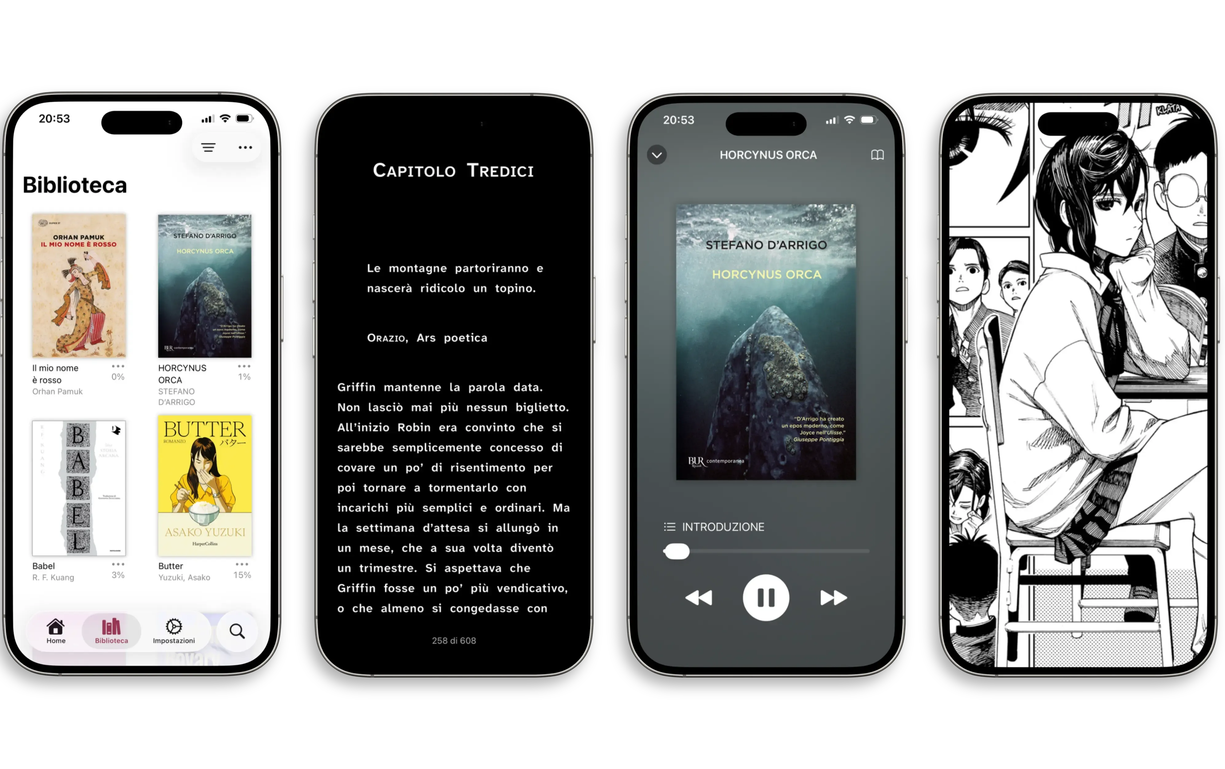 Quattro telefoni sono disposti uno accanto all'altro. Il primo mostra la libreria dell'app per dispositivi mobili, il secondo un romanzo con lo sfondo in modalità scuro, il terzo un audiolibro con la relativa interfaccia di riproduzione, il quarto un manga a schermo intero.