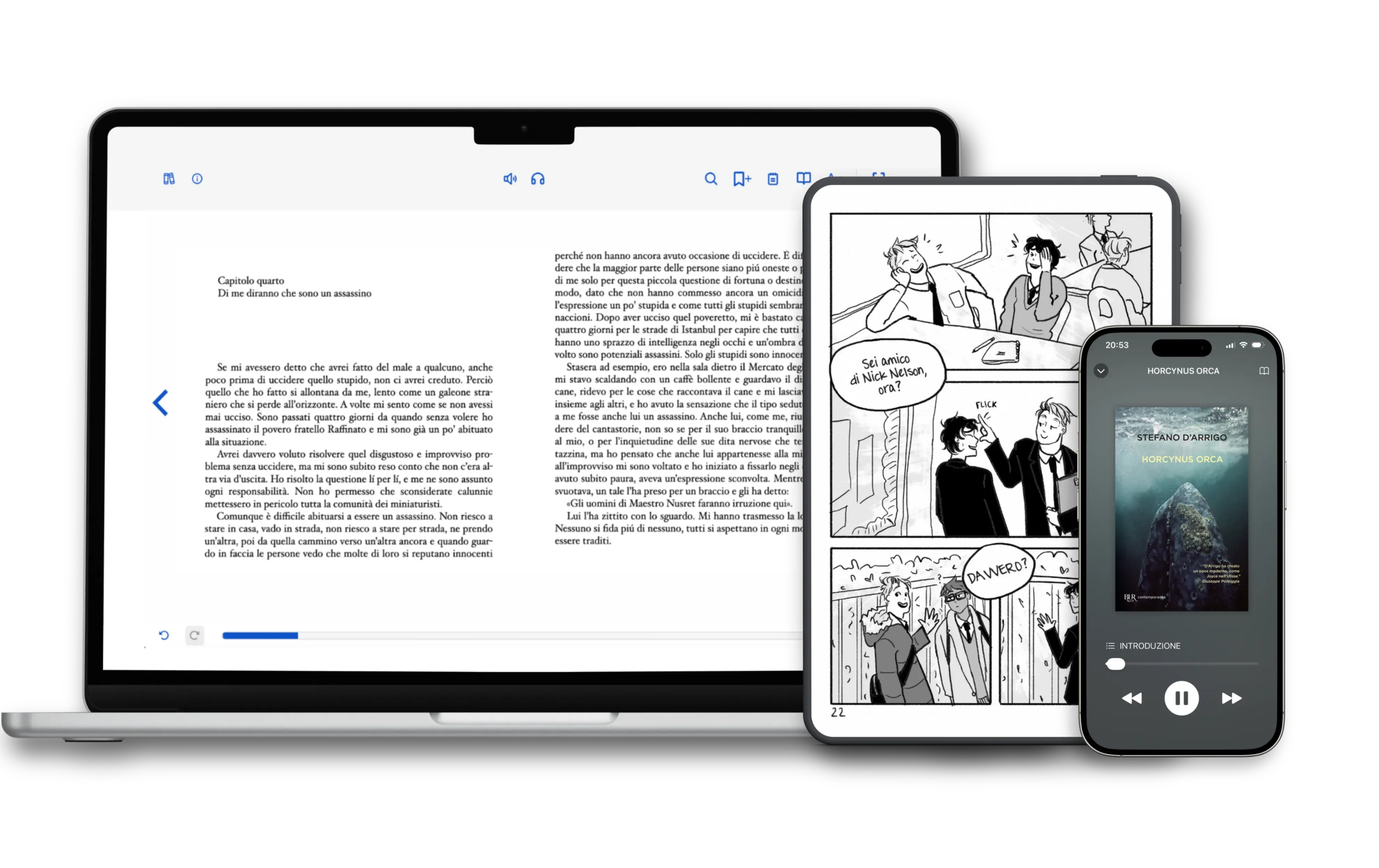 Un laptop che mostra Thorium Reader con un ebook aperto e un fumetto, accanto a un telefono che mostra l'audiolibro di Dracula.
