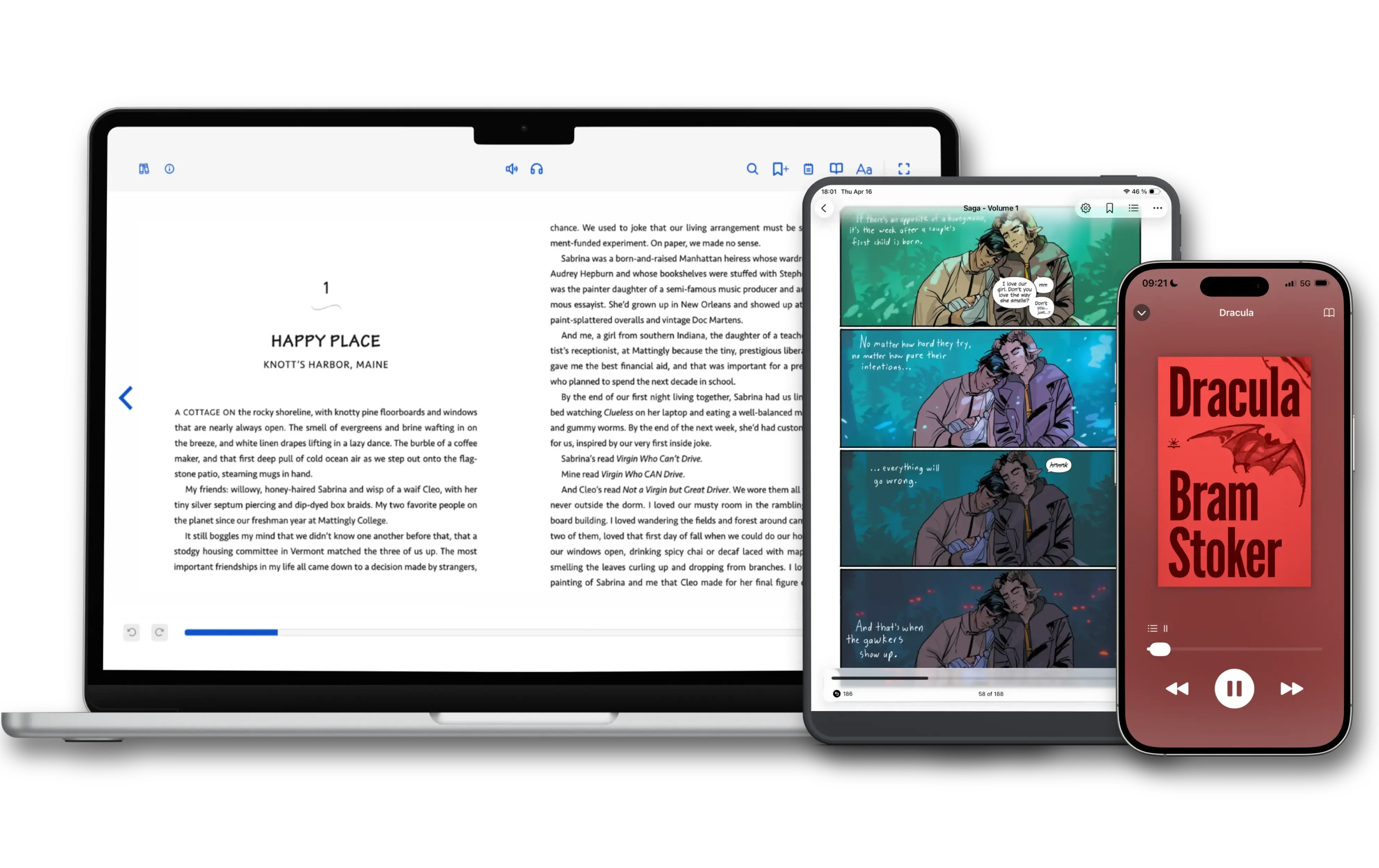 A laptop showing Thorium Reader with an open ebook and a comic, alongside a phone showing the Dracula audiobook.