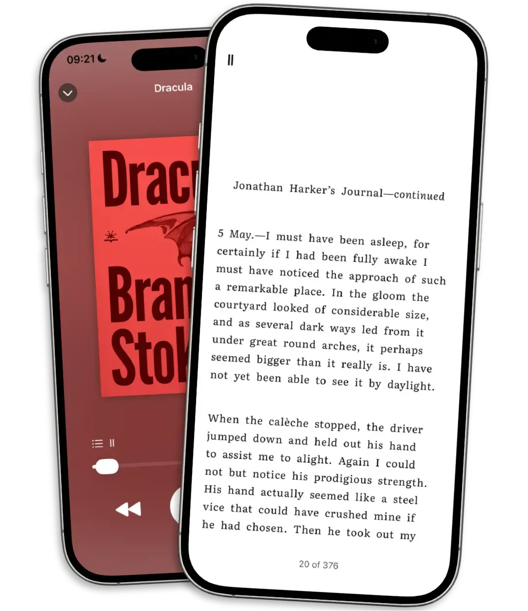 Two phones side by side showing Thorium Reader: one displaying the Dracula audiobook cover, the other showing the reading interface with a passage from Jonathan Harker's Journal.