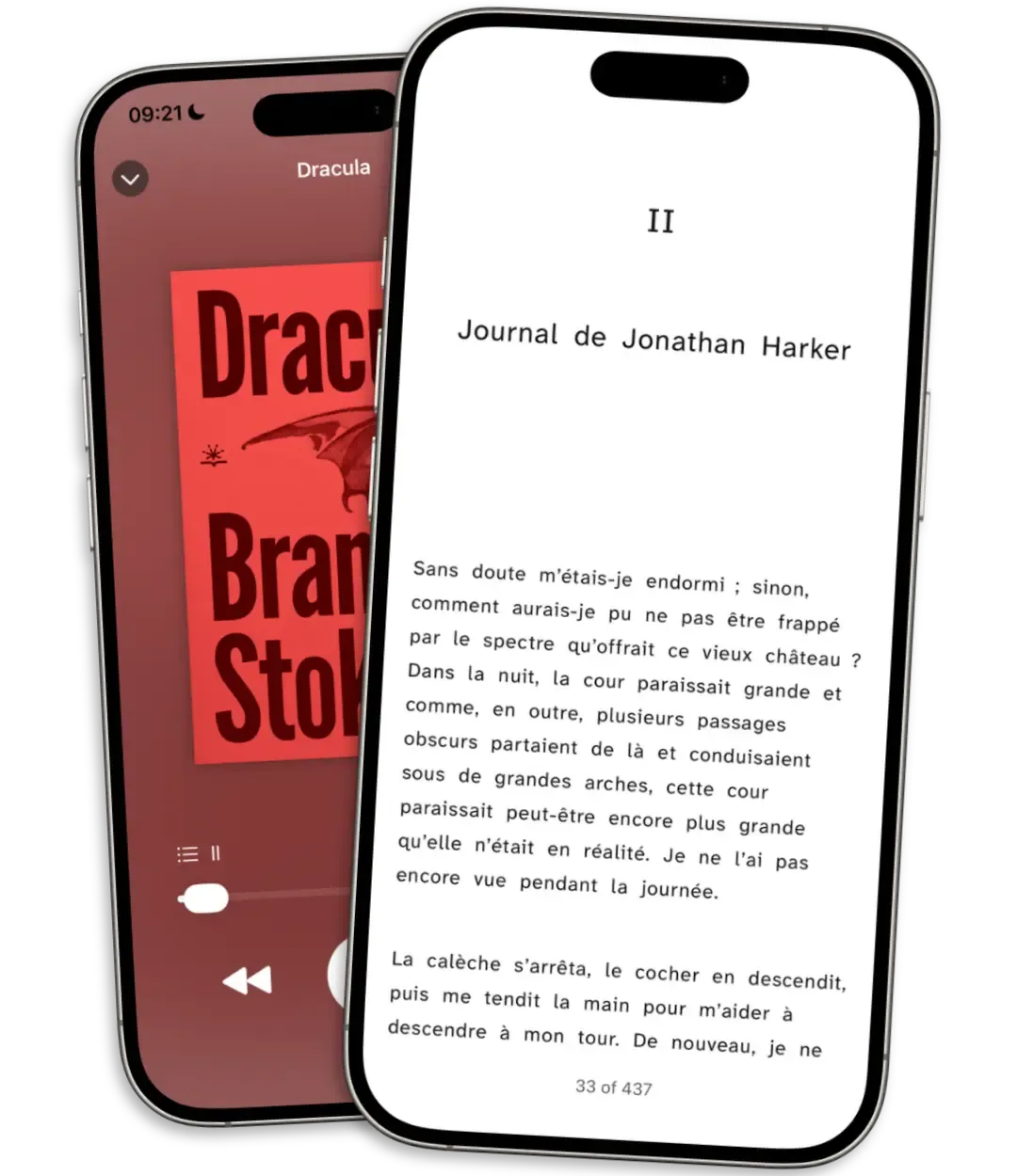 Deux téléphones affichant Thorium Reader : l'un montrant la couverture du livre audio Dracula, l'autre l'interface de lecture avec un extrait du Journal de Jonathan Harker.