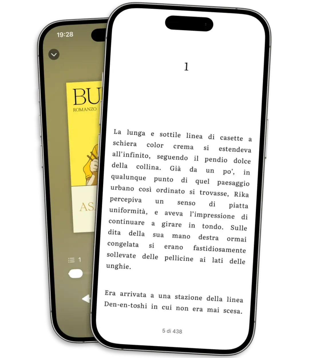 Due telefoni affiancati che mostrano Thorium Reader: uno mostra la copertina dell'audiolibro di Dracula, l'altro mostra l'interfaccia di lettura con un passaggio dal Jonathan Harker's Journal.