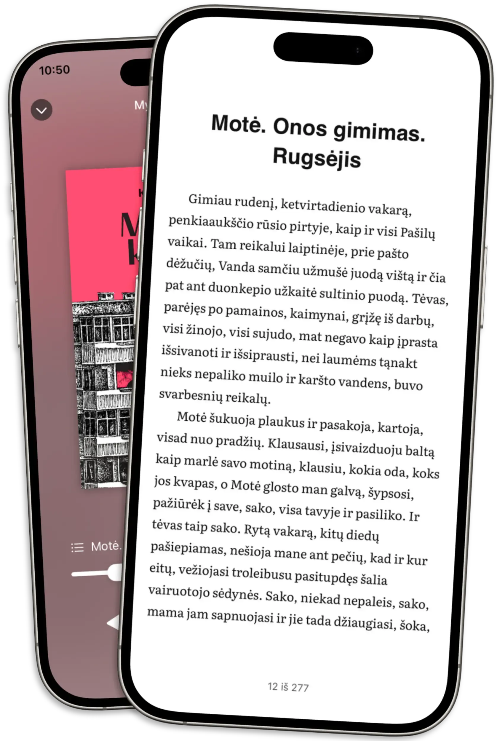 Du greta esantys telefonai, rodantys Thorium Reader programėlę: viename – „Drakula“ garsinės knygos viršelis, kitame – skaitymo sąsaja su ištrauka iš skyriaus „Džonatano Harkerio užrašai“.