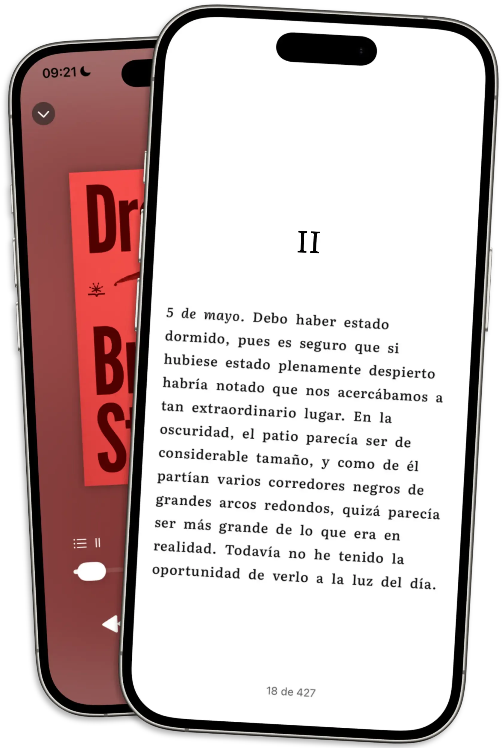 Dos teléfonos uno al lado del otro que muestran Thorium Reader: uno con la portada del audiolibro de Drácula, el otro con la interfaz de lectura que muestra un pasaje del diario de Jonathan Harker.