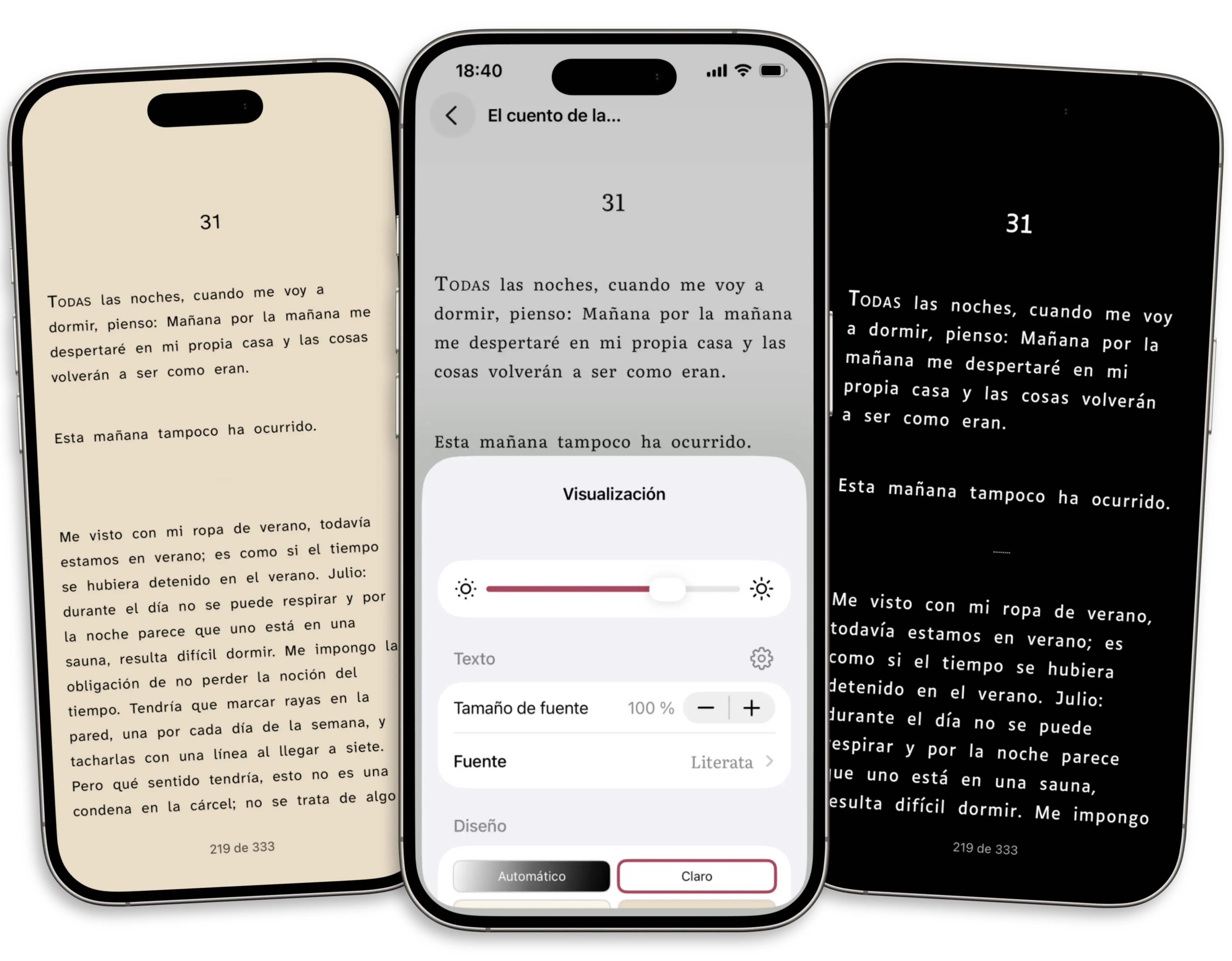 Tres teléfonos que muestran los temas de Thorium Reader: una vista sepia, una vista clara con el panel de ajustes de visualización abierto y una vista oscura.