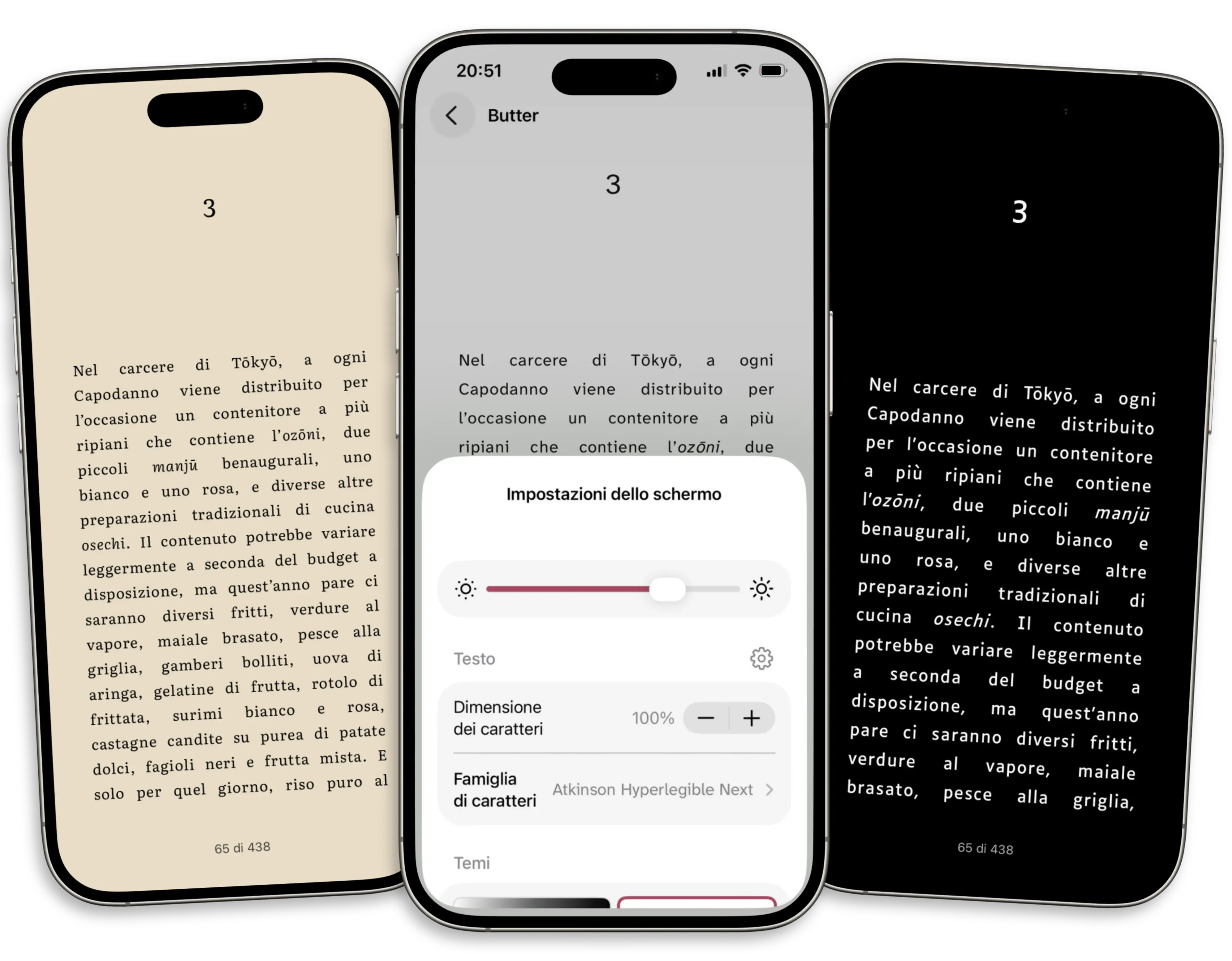 Tre telefoni che mostrano i temi di Thorium Reader: uno schermo in modalità seppia, uno in modalità chiara con il pannello delle impostazioni dello schermo aperto e uno in modalità scura.