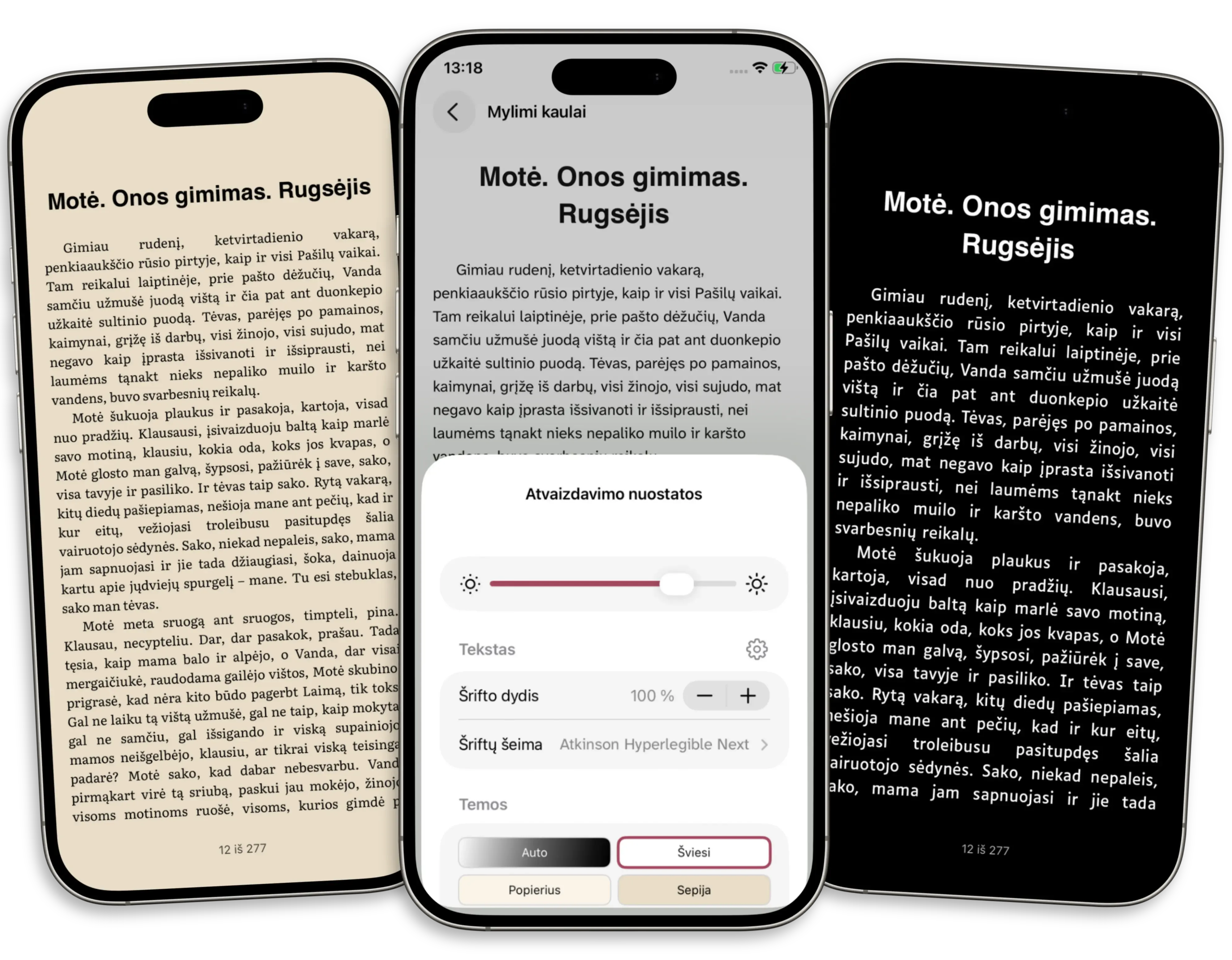 Trys telefonai, kuriuose rodomos Thorium Reader temos: sepijos tema, šviesi tema su atvertu ekrano nuostatų skydeliu ir tamsi tema.