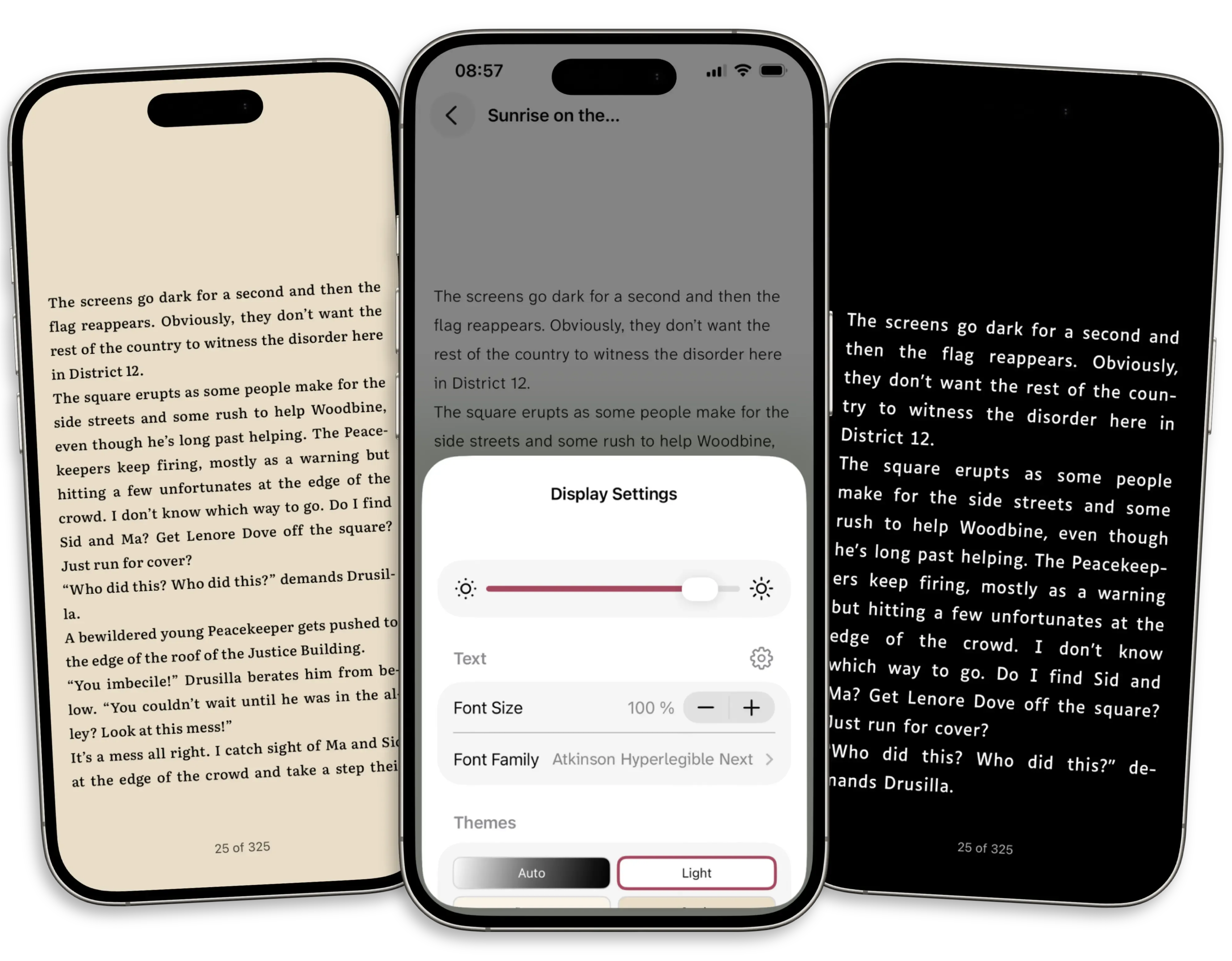 Three phones showing Thorium Reader's themes: a sepia view, a light view with the display settings panel open, and a dark view.
